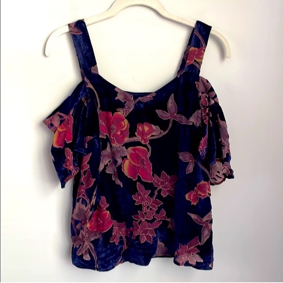 New Lucky Brand Floral Velvet Blue & Pink Burnout Off-Shoulder Top Size Small - Picture 1 of 8